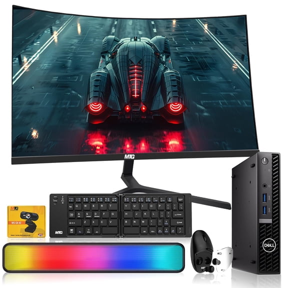 Restored Dell Optiplex Tiny Mini PC,Intel i5,16GB RAM,256GB SSD+500GB HDD,32 Inch Curved Monitor,Foldable Wireless Keyboard/Mouse with Built in Earbuds,RGB Soundbar,Webcam,USB WiFi & BT,Win 11 (Refurbished)