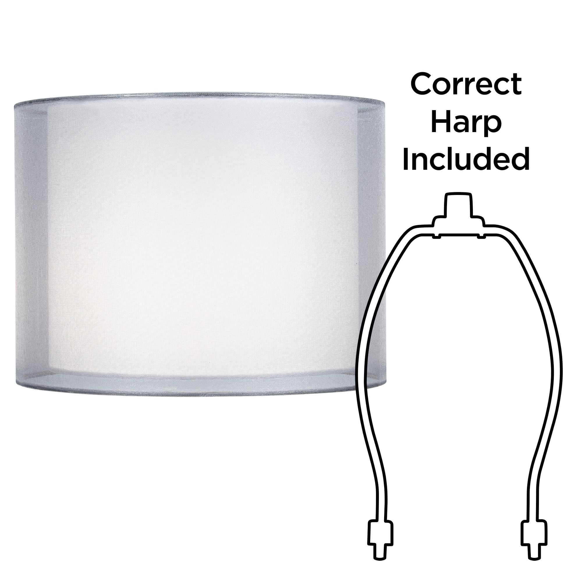 Springcrest Silver and White Double Sheer Small Drum Lamp Shade 12" Top x 12" Bottom x 9" High (Spider) Replacement with Harp and Finial