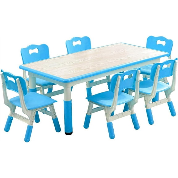 Adjustable Kids Table and 6 Chairs Set, Toddler Crafts Table and Chair Set for Ages 2-10,Max 300lbs Kids Activity Art Table for Classroom Daycares,Home, Blue