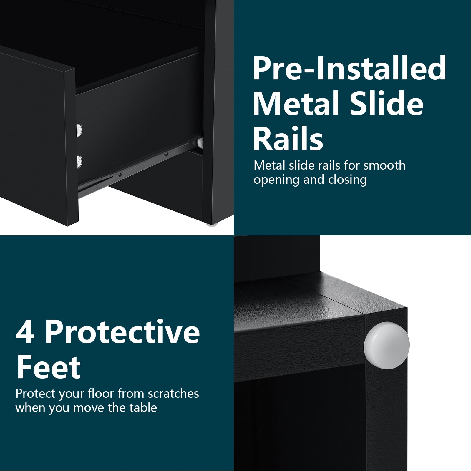 Hommpa Nightstand with Charging Station Nightstands with 2 Drawer Open Shelf Nightstands Black Nightstands High Gloss LED End Table Nightstands for Bedroom Living Room Furniture 23.6" Tall