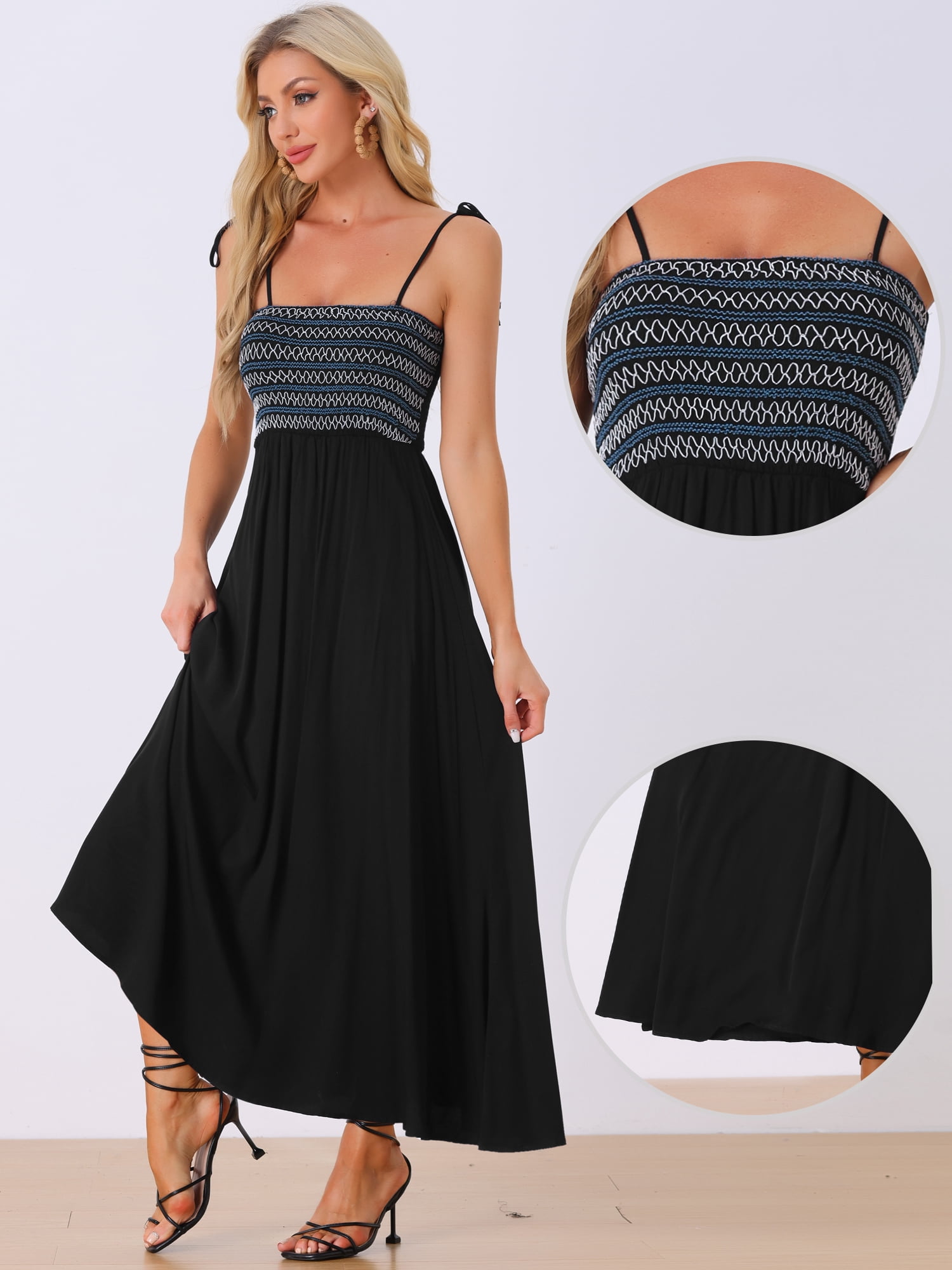 DARING DIVA Women's Boho Adjustable Spaghetti Strap Maxi Dresses XL Black