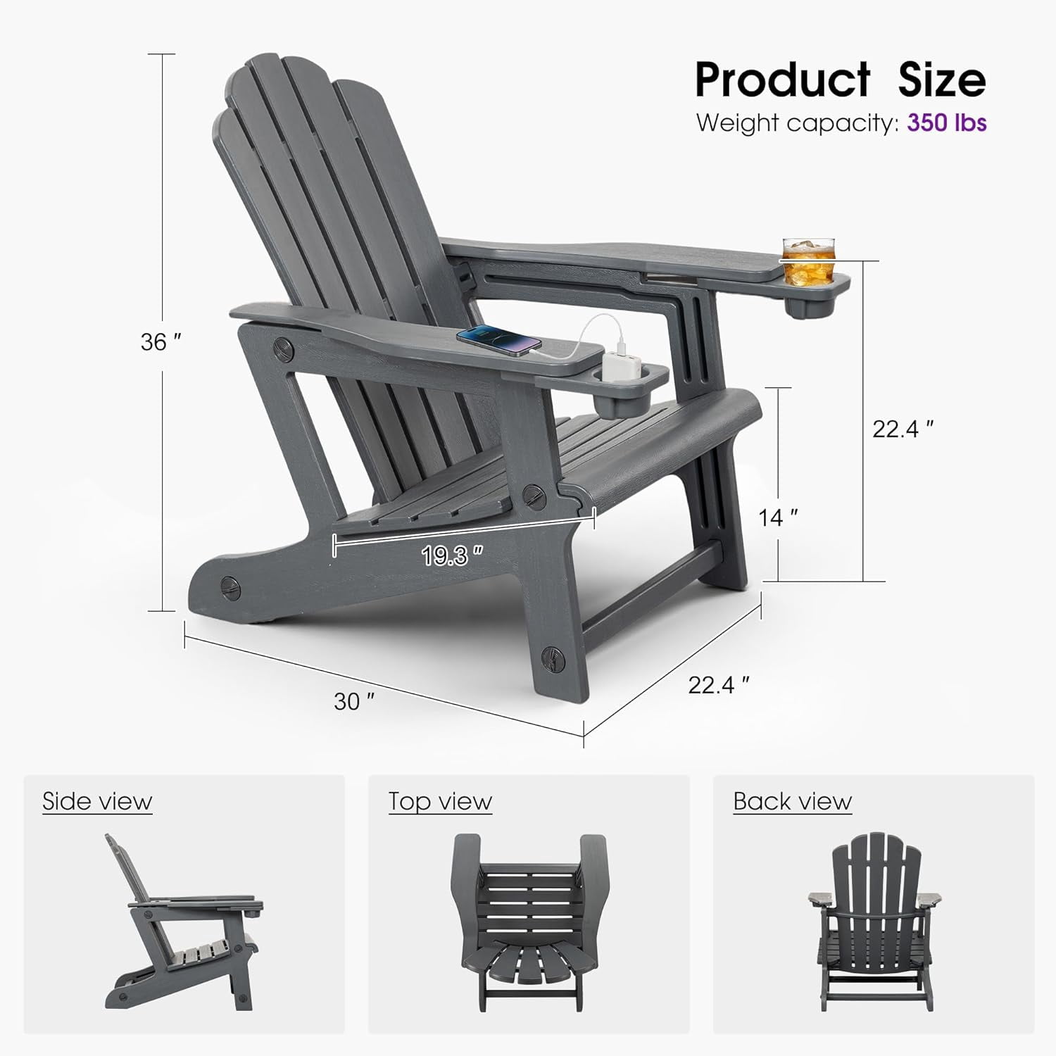 PURPLE LEAF Adirondack Chair Set of 2 HDPE All-Weather Outdoor Fire Pit Chair with 24.6" Oversized Seat Wood-Textured Patio Adirondack Chair with Dual Cup Holders for Garden Deck Backyard, Gray