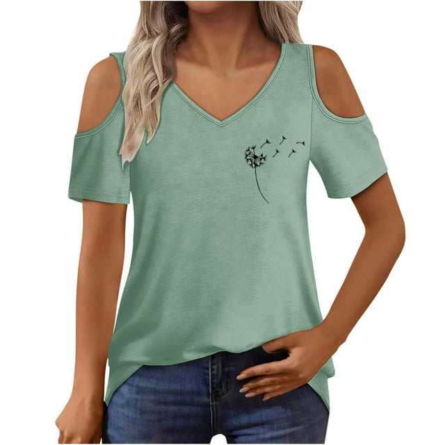 Algodón Fuera Del Hombro Tops para la Impresión de las Mujeres Manga Corta V-Cuello Blusa, Top de Algodón de Imitación de Moda