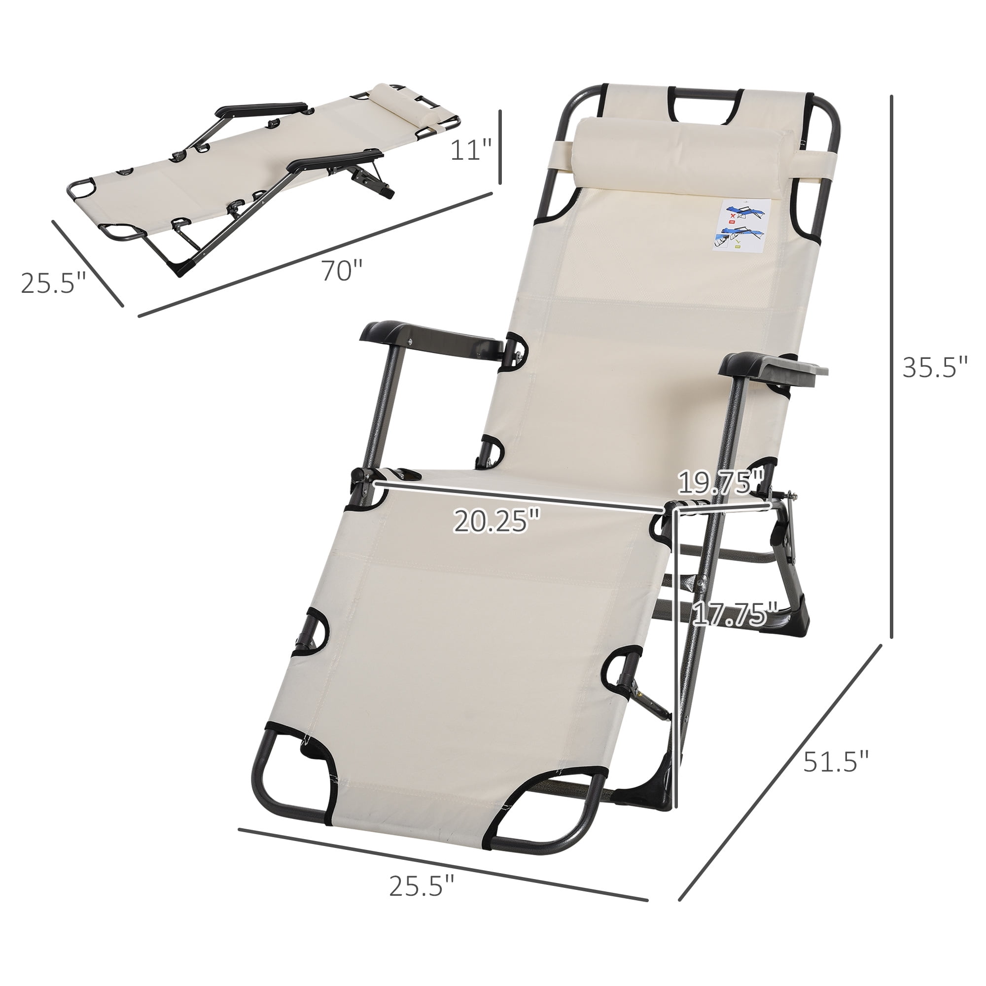 Folding Chaise Lounge Chair for Outside, 2-in-1 Tanning Chair with Pillow & Pocket, Adjustable Pool Chair for Beach, Patio, Lawn, Deck, Cream White