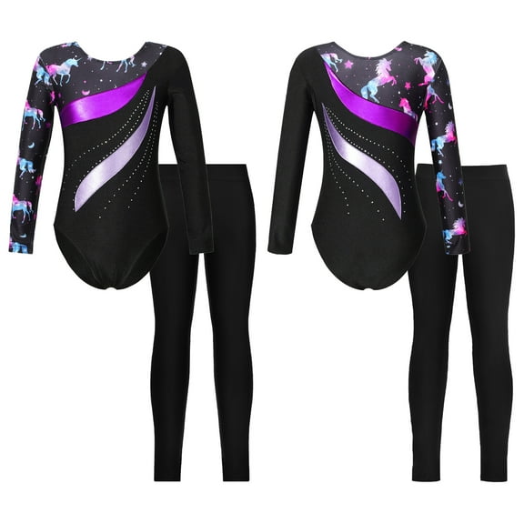 iixpin Kids Girls Ballet Dance Biketard Long Sleeve Gymnastic Leotard Skating Jumpsuit Bodysuit with Leggings Set Pegasus 8