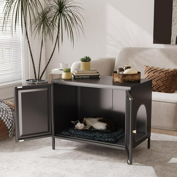 Metal Cat Litter Box Furniture with Barn Door, Fits Most Litter Boxes, Black, Assembly Required