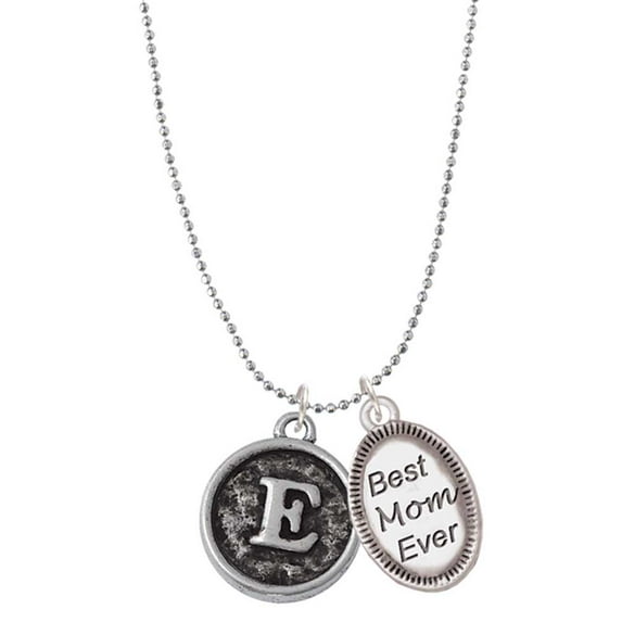 Delight Jewelry Silvertone Antiqued Round Seal - Initial - E - Best Mom Ever Charm Necklace