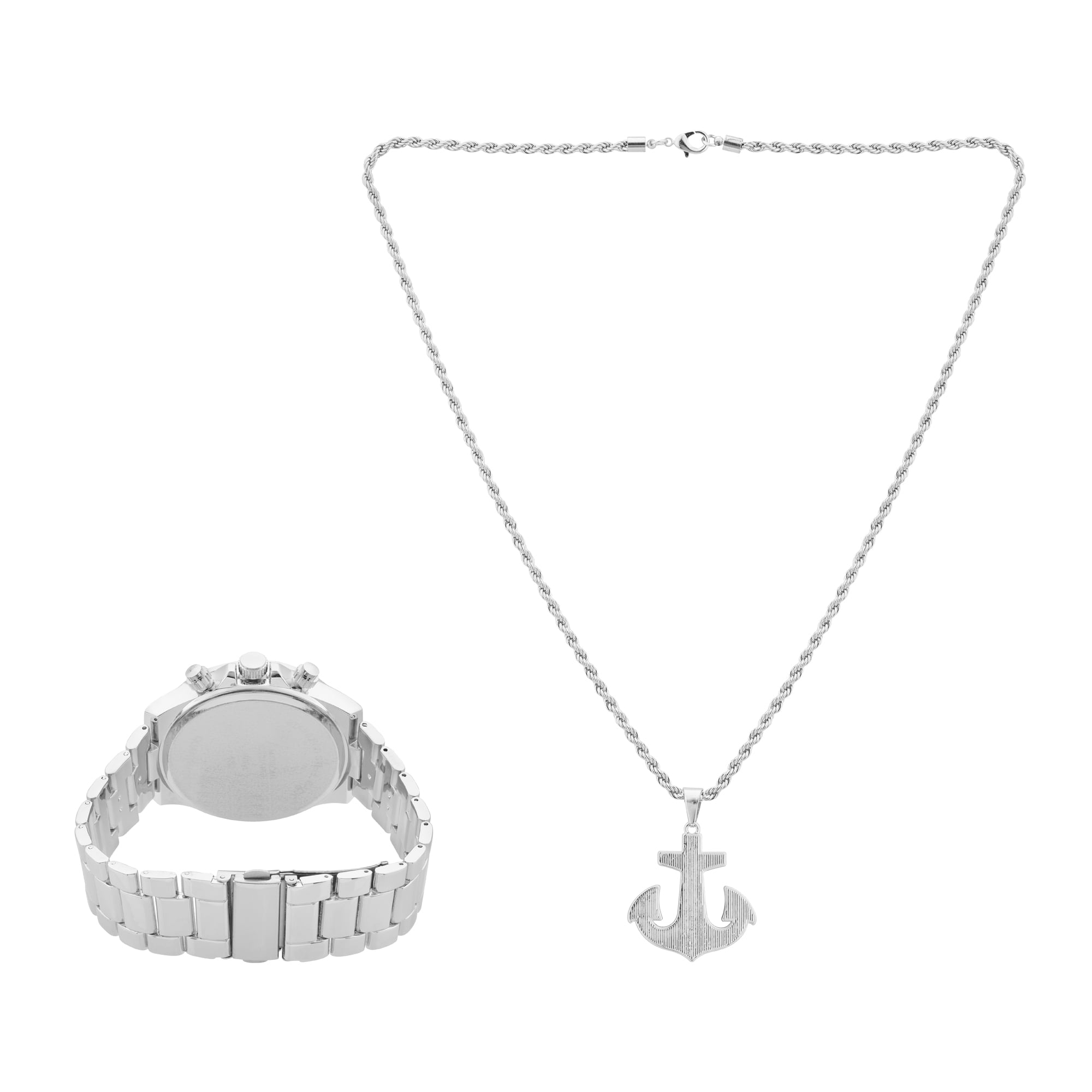 American Exchange Men's Analog Silver Tone Metal Strap 46mm Watch w/ Anchor Pendant Necklace