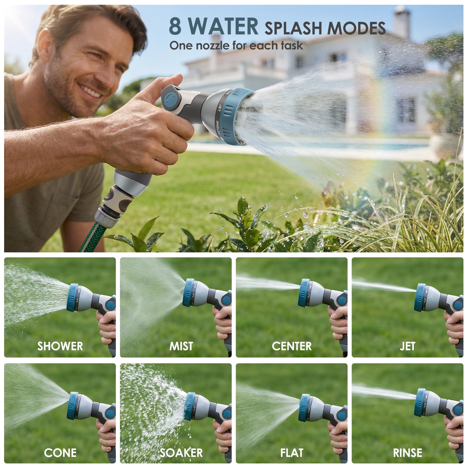 Garden Hose Nozzle Sprayer High Pressure Garden Water Sprayer with 8 Watering Pattern Stepless Flow Adjustment for Washing Car Pet Floor Glass