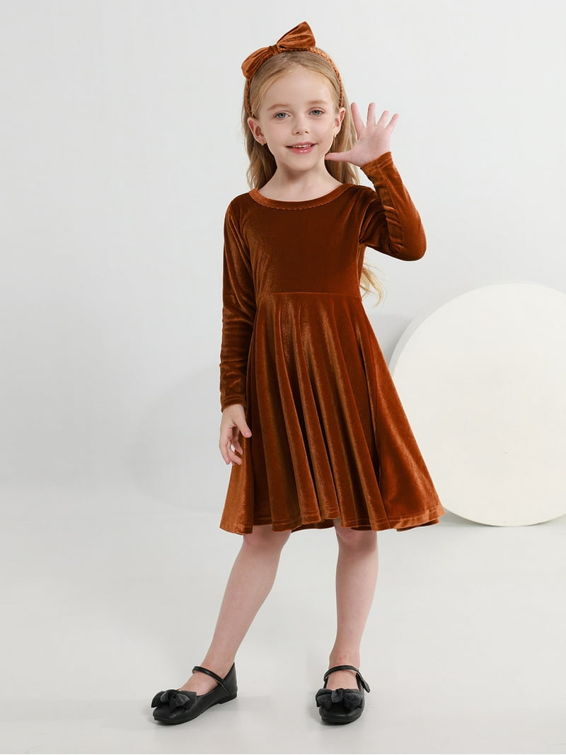 Silvercell 1-9t Toddler Girls Christmas Velvet Twirl Dresses + Headband, Little Girl Casual Long Sleeve Swing A-Line Skater Party Dress, 1-9 Years,