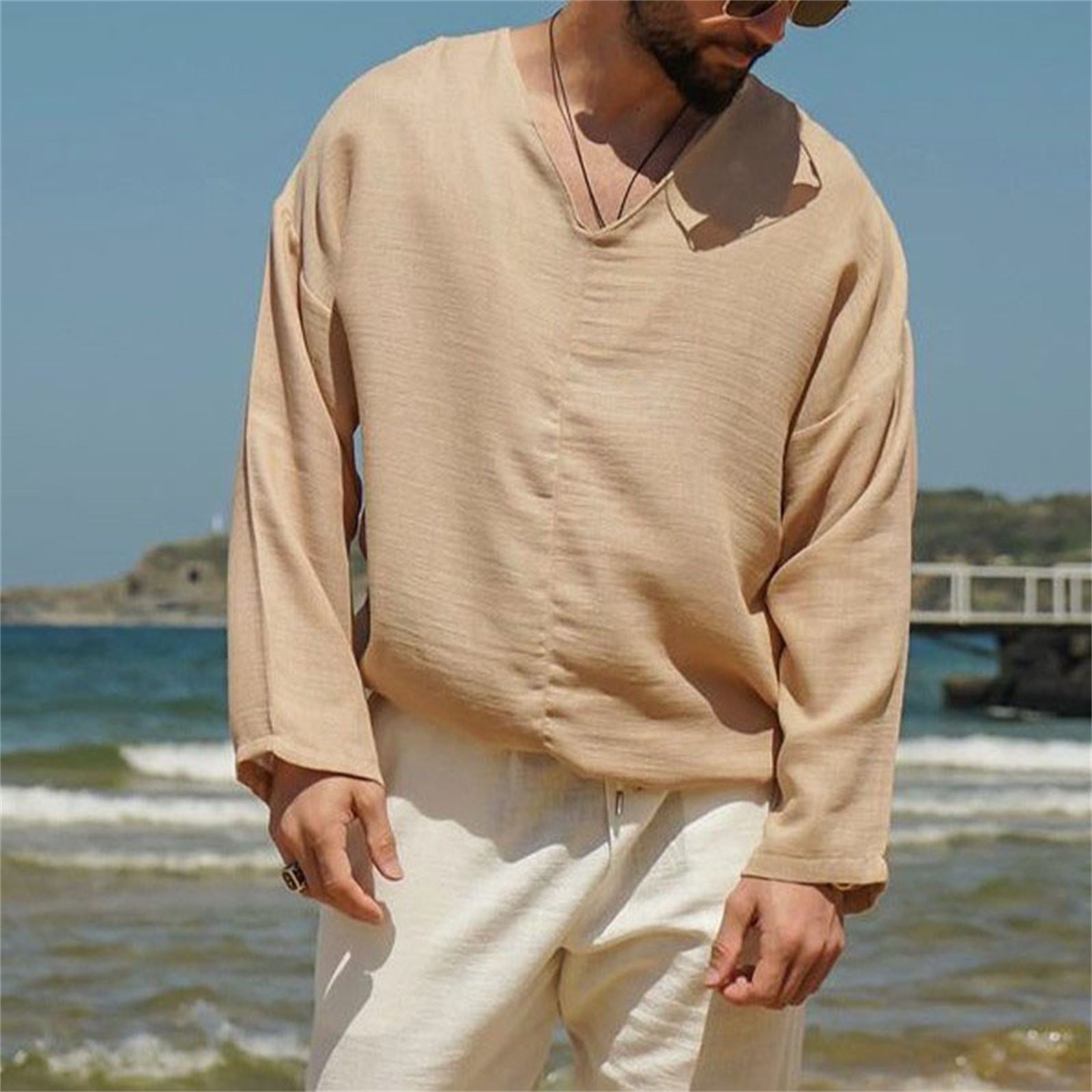 Men Summer Tops Casual Seaside Men's Linen Solid Color Long