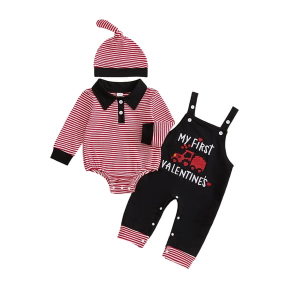 BemeyourBBs Newborn Baby Boy My First Valentine Outfits Infant Spring Clothes Stripe Romper Heart in Truck Embroidery Overalls Jumpsuit Hat Set