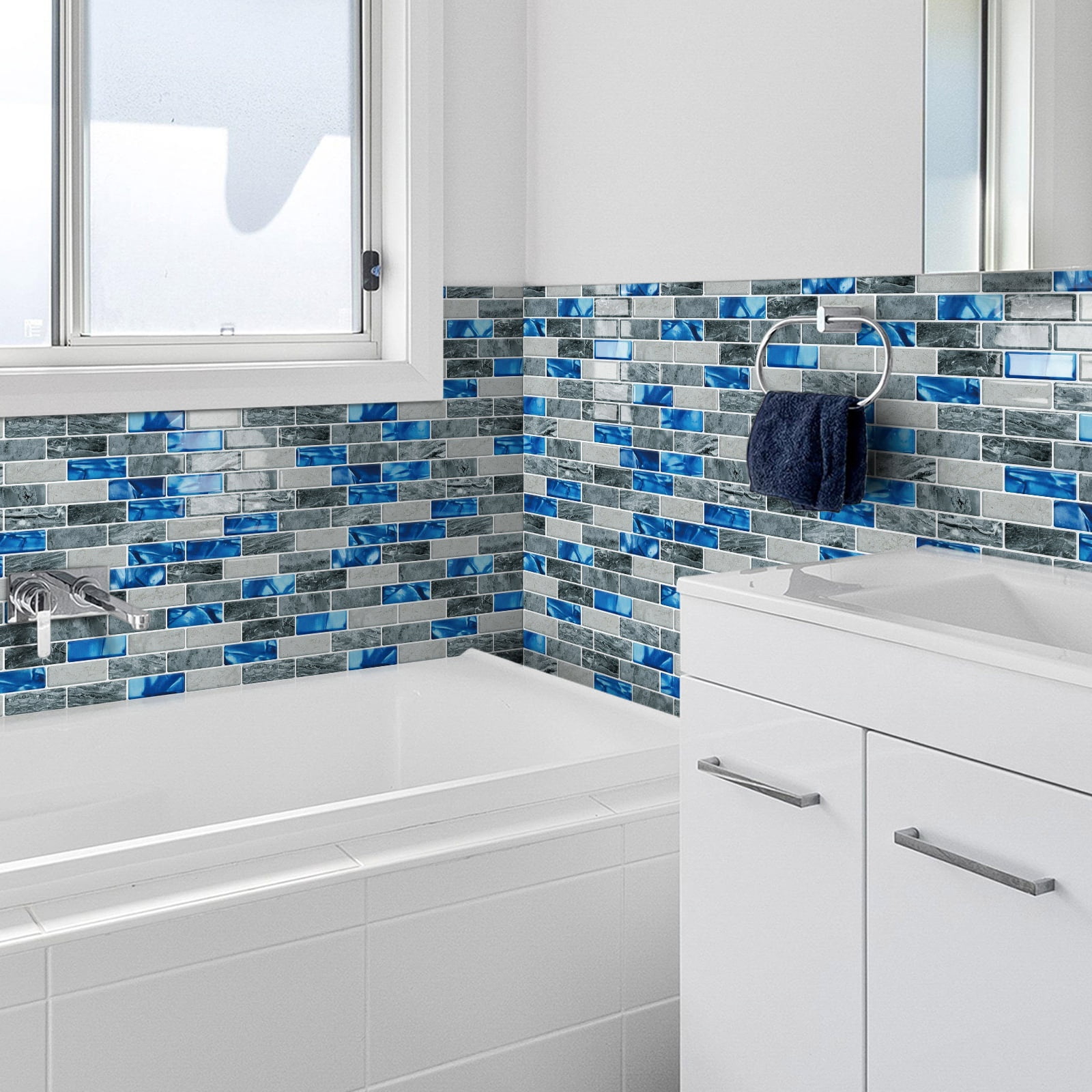 DEWOO Blue Peel and Stick Tile Backsplash, 3D Adhesive Peel and Stick Tile Backsplash for Kitchen, Bathroom, Wall Tile, 10-Sheet (12"x 12")