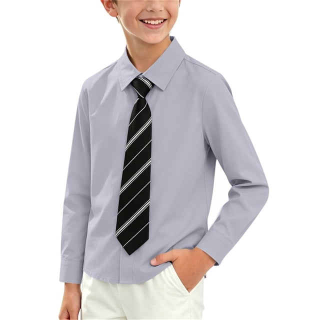 Odeerbi Camisa de Vestido Para Niños Con Corbata A Rayas Camisas de Uniforme Escolar de Manga Larga