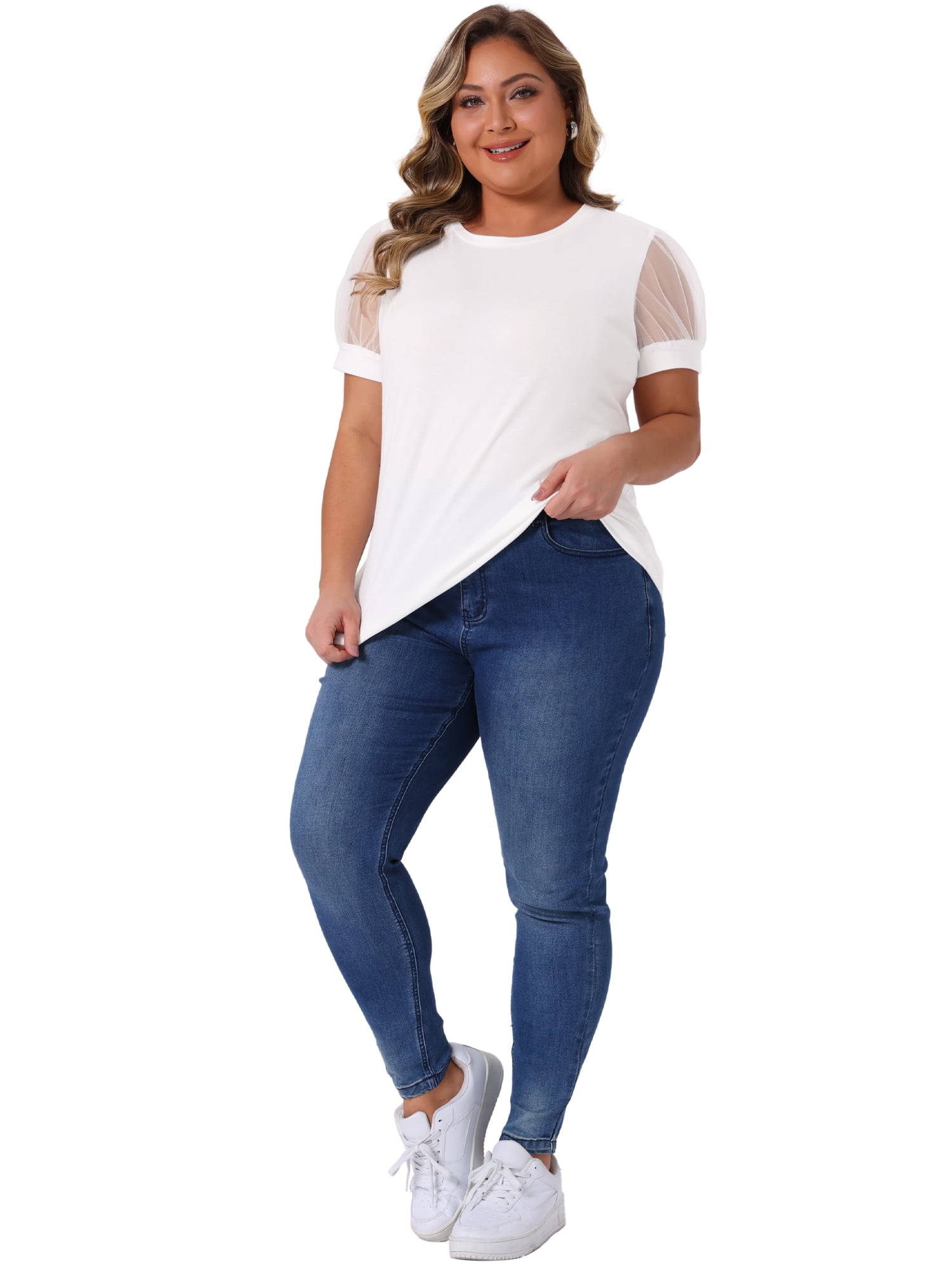 DARING DIVA Women's Plus Casual Crew Neck Mesh T Shirt Blouse Tops 3X White