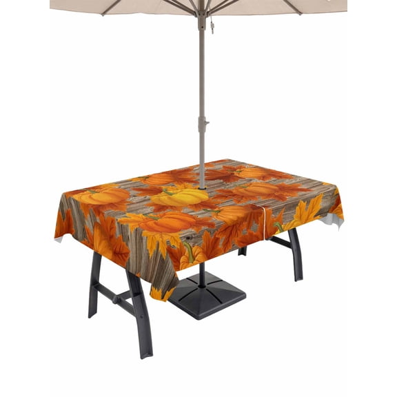 Outdoor Tablecloth with Umbrella Hole and Zipper, Orange Fall Rectangle Table Cloth 60x84 Inch Waterproof Tablecloth, Pumpkins Thanksgiving Maple Leaf Picnic Table Cover for Patio Camping