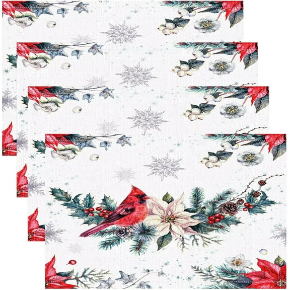 Christmas Placemats Set of 4, 18x12 Inch Vintage Watercolor Winter Cardinal Birds Red White Poinsettia Table Mats for Home Party Kitchen Dining Decor