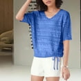thumbnail image 5 of Cxenplz Summer Crochet Tops for Women 2025 Short Sleeve V Neck Hollow Out Knit Beach Cover Up Casual Sweater Tops, 5 of 6