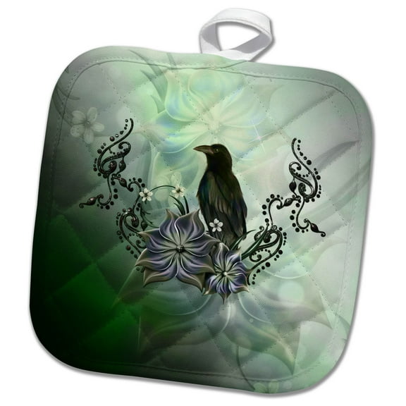 3dRose, Awesome raven with flowers, 8x8 Potholder