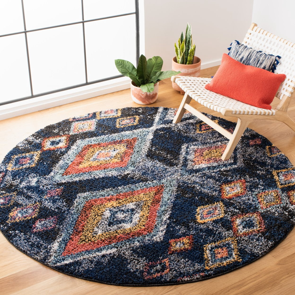 SAFAVIEH Morocco Sloan Abstract Geometric Polyester Area Rug, Navy/Multi, 5'3" x 7'6"