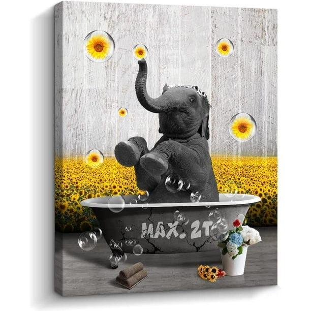 Funny Bathroom Wall Art, Cute Elephant Picture with Sunflower Bathroom
