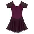 thumbnail image 5 of Fldy Womens Mesh Splice Ballet Dance Loetard Short Sleeve Figure Ice Skating Skirted Loetard Bodysuit Dark Purple XXL, 5 of 7