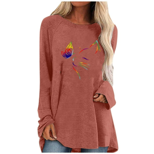 Camiseta de manga larga informal suelta con cuello redondo y estampado de color liso para mujer Fridja hj1761