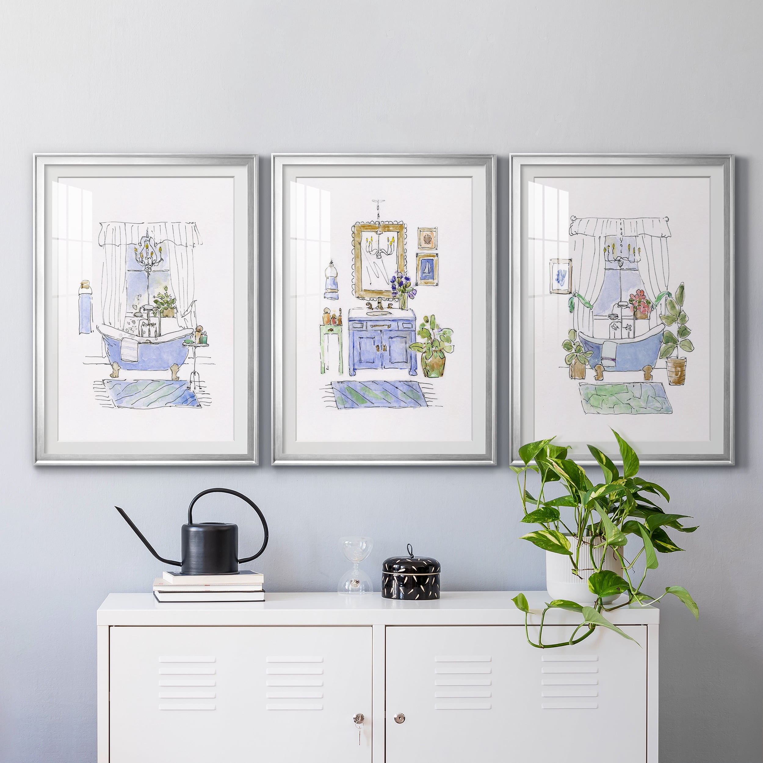 Sketchy Bath I Premium Framed Prints Set of 3 - Ready to Hang - 26.5 x 36.5 Each - Silver Frame
