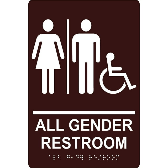 All Gender Restroom Sign, 6"x 9" Tactile Wall Sign, Braille Grade II (Brown)