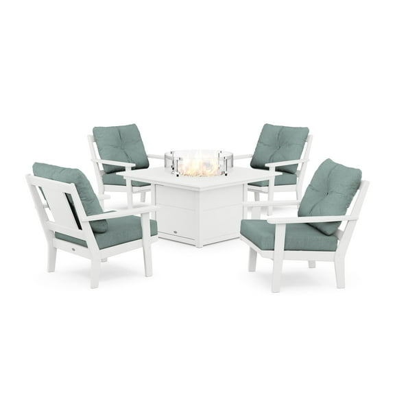 POLYWOOD® Prairie 5-Piece Deep Seating Set with Fire Pit Table in White / Glacier Spa