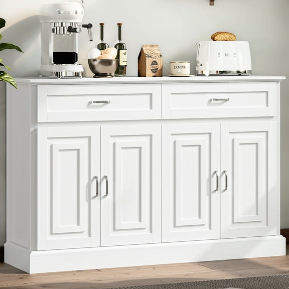Homfa Modern Kitchen Sideboard Buffet Table, 4 Door 2 Drawer Wood Storage Cabinet Coffee Bar for Living Room Entryway, White