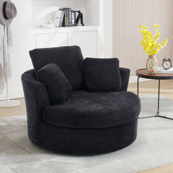 Muumblus Chenille Swivel Accent Chair Barrel Chair, Oversized Comfy Armchair with Pillows, Modern Leisure Sofa Chair for Living Room Bedroom, Black