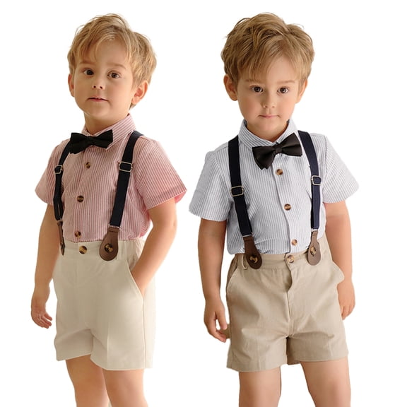 LYMAYTER Baby Boys Gentlemen Outfit Stripe Shirt Shorts Bowtie Suspenders 1-11 Years