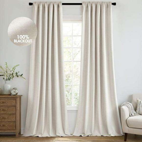 100% Blackout Curtains 92 Inch Long 2 Panels Set for Bedroom, Faux Luxury Linen Textured Black Out Room Darkening Back Tab Pleat with Hooks Window Drapes for Living Room, Birch