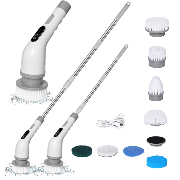 Electric Spin Scrubber, Xiusaqio Cordless Spin Cleaning Brush with 9 Replacement Heads and Extension Handle, Black