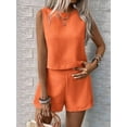 thumbnail image 3 of Womens 2 Piece Summer Linen Outfits Short Sets Round Neck Sleeveless Tank Top Elastic High Waisted Shorts Orange Red M, 3 of 8