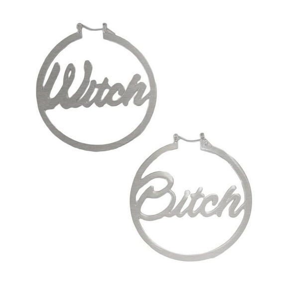 Witch Bitch Metal Hoop Earrings Oversized Women's Costume Jewelry Silver Metal