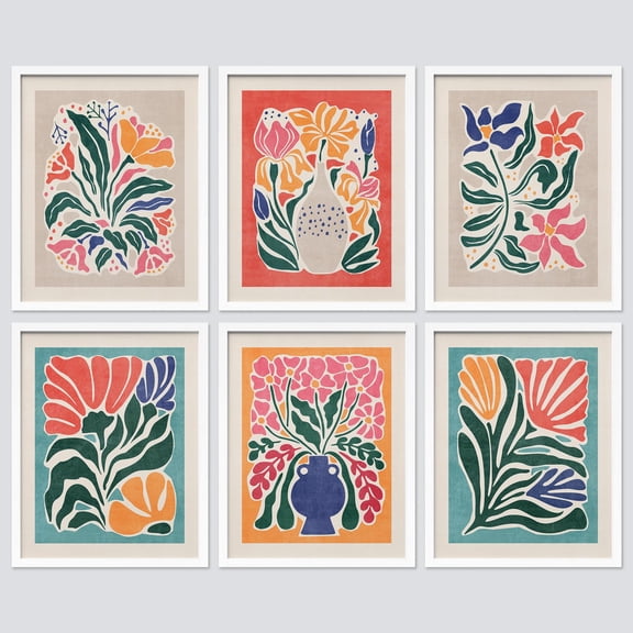 PixonSign Framed Canvas Print Wall Art Set - Mid-Century Tropical Abstract Flower Gallery Posters - Set of 6 Vintage Retro Antique Mixed Media Country Cultural Art Wall Décor - 12"x16"x6 White