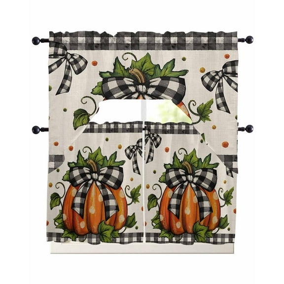 Fall Orange Pumpkins Kitchen Curtains Sets 36 Inch Length with Valance, Thanksgiving Bow Leaf Dot Retro Plaid Swag Valances and Tiers Curtain Set Drapes Swag Curtains for Living Room, Bathroom