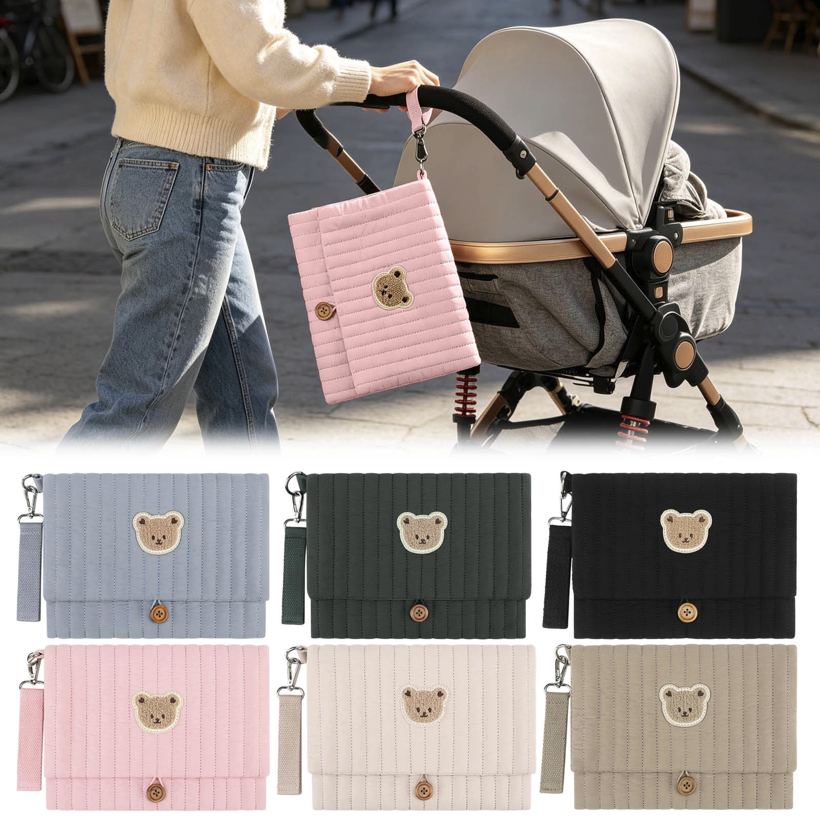 Cute Bear Embroidery Baby Diaper Organizer Waterproof Cotton Stroller Hanging Bag Multi‑Pocket Mommy Storage Pouch with Wipes Pocket for Travel Daily Use Brown