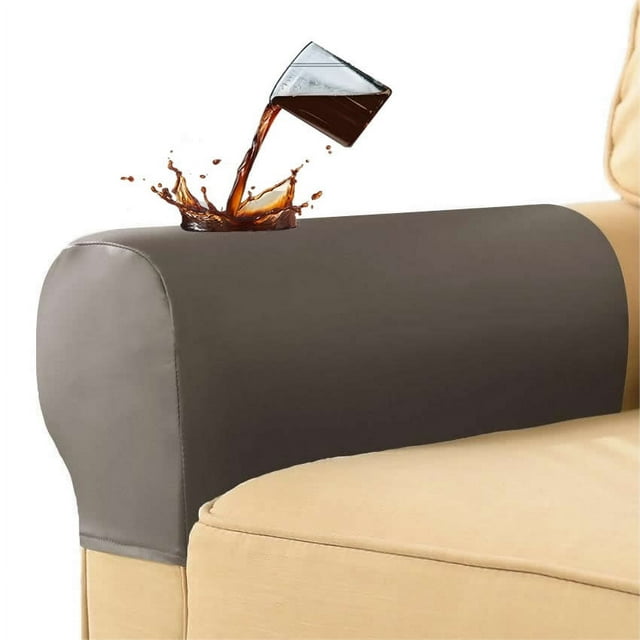 PU Leather Stretch Armrest Covers, Waterproof Arm Slipcovers with Twist Pins(2pcs,Taupe)