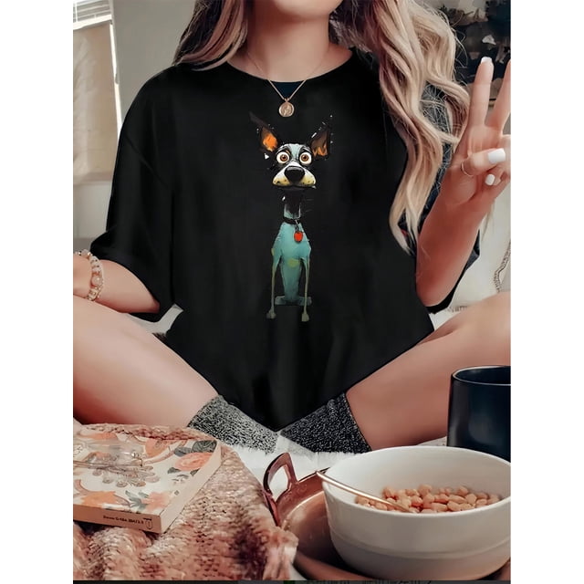 Women's Casual Round Neck T-Shirt with Fun Dog Print, Stretchy Polyester and Spandex Blend, Comfortable Summer Top