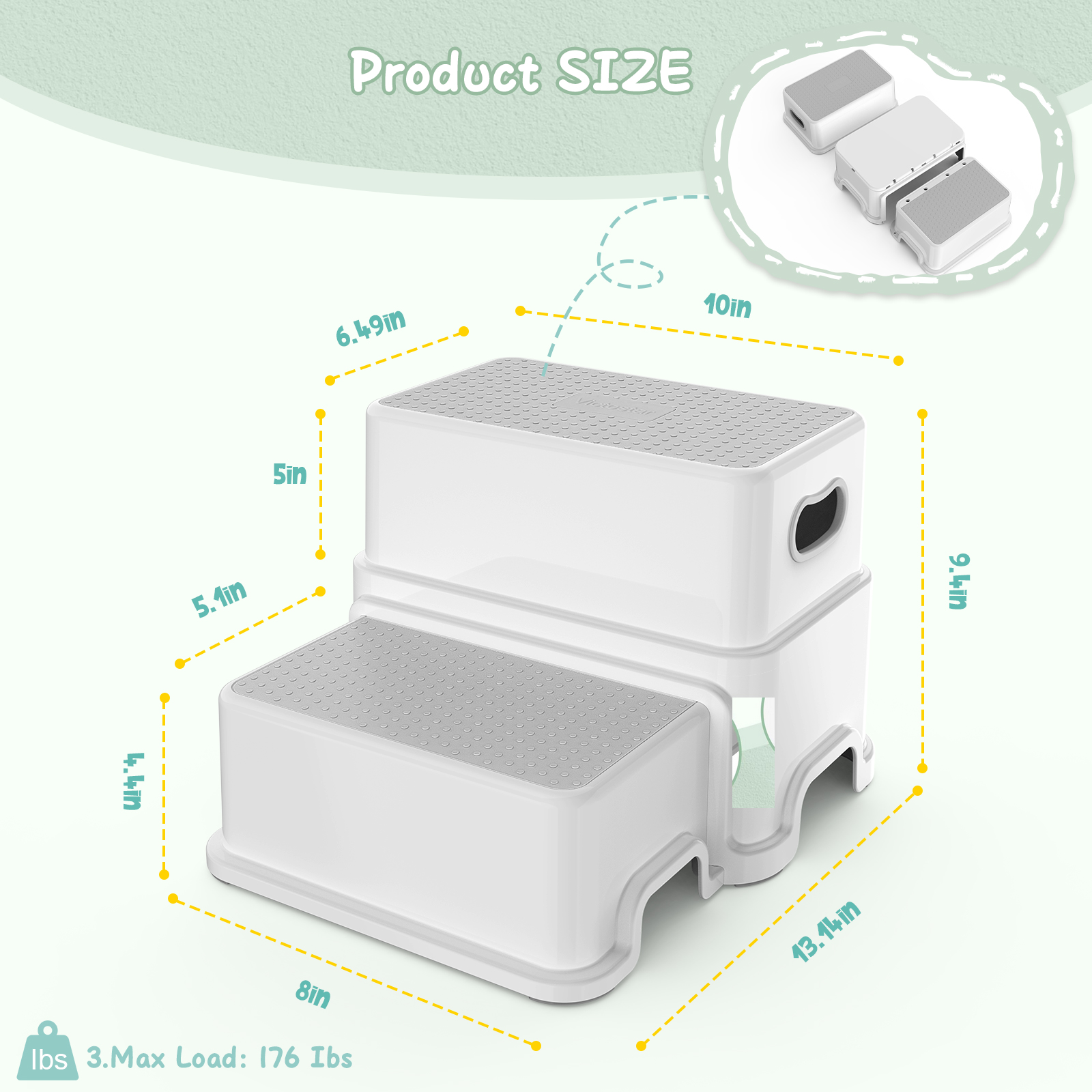 BATTOP 2-Step Toddler Step Stool, Gray, Anti-Slip Surface photo 2