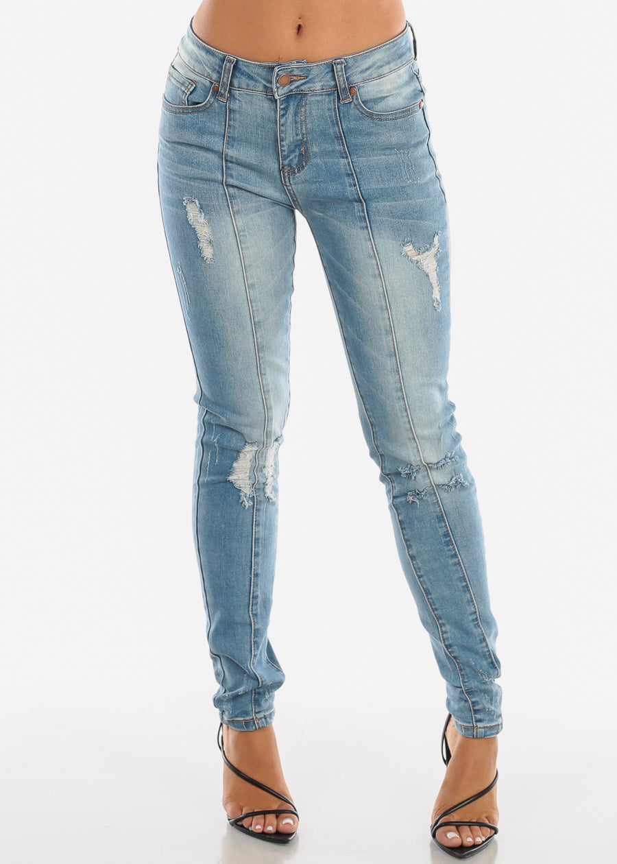 Moda Xpress - Womens Skinny Jeans Ripped Mid Rise Med Wash 10918C ...