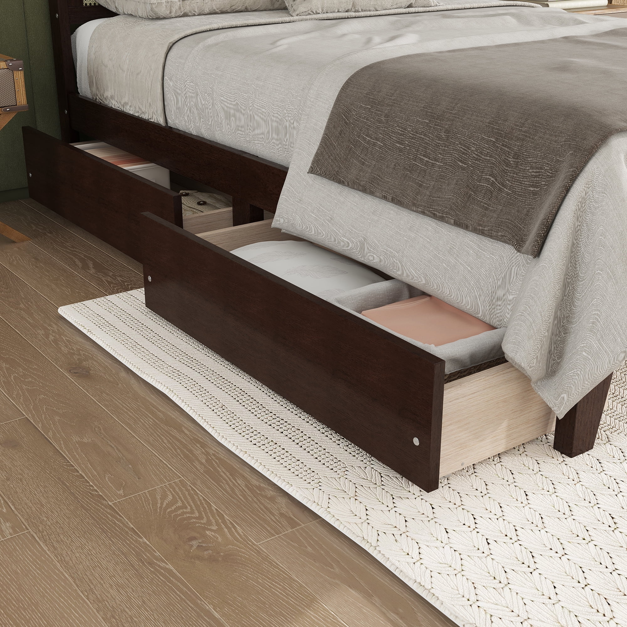 Sailvan Full Size Bed with Rattan Headboard, 2 Drawers, Rubber Wood Bed with Support Slats and Feet