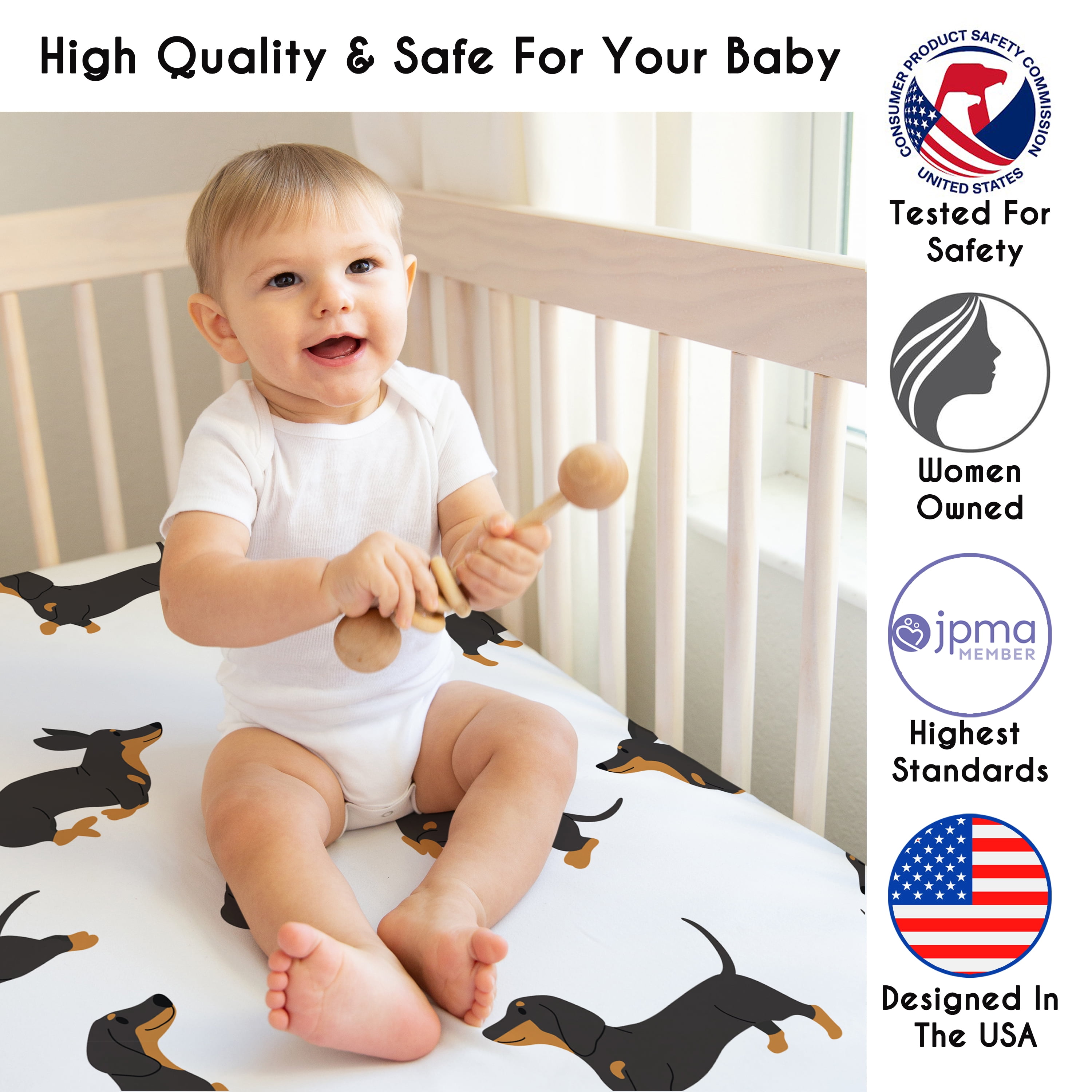 Sweet Jojo Designs Cartoon Puppy Dachshund Dog Boy, Girl, Unisex/Gender Neutral Fitted Crib Sheet