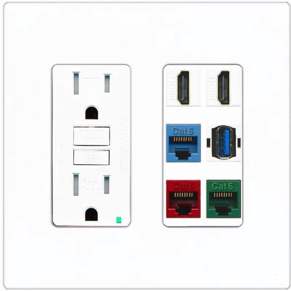 RiteAV 2 HDMI 3 Cat6 Ethernet USB3 Mixed Color Wall Plate - GFCI [Screwless White]