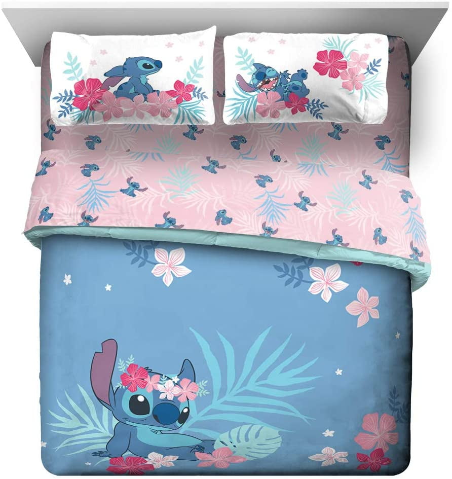 Lilo \u0026 Stitch Paradise Dream Girl's Queen Comforter, Sheet Set \u0026 Pillow Shams (7 Piece Bed in A Bag), Blue