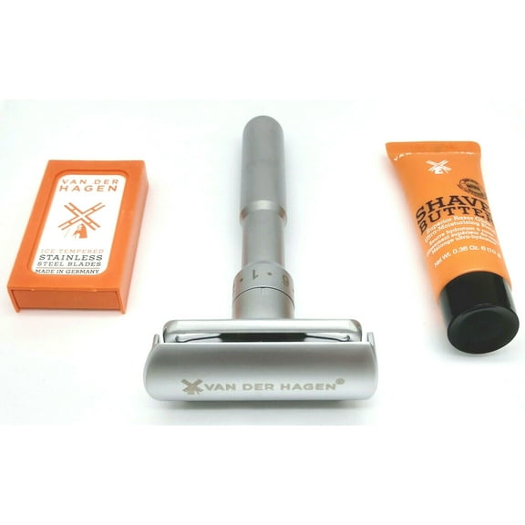 Van Der Hagen Unisex TWIST Adjustable Safety Razor Siver 5 Blades Shave Butter sample