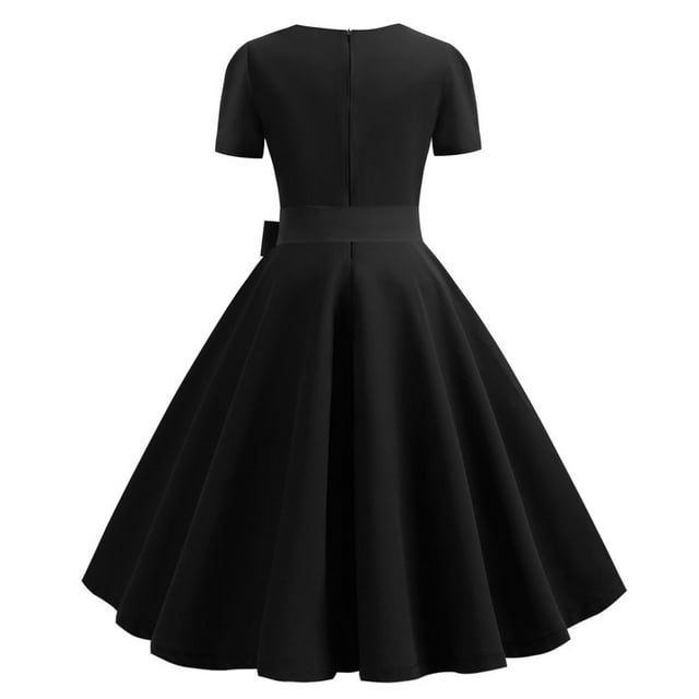 Pompotops Robe Vintage Évasée pour Femmes, Ligne A, Nœud, Bal, Swing, Manches Courtes, Pois, Unie, Robe de Soirée